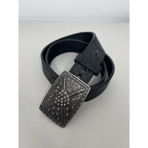 Tony Lama Tooled Black Leather Western Belt Rhinestone Heart Buckle Size 32